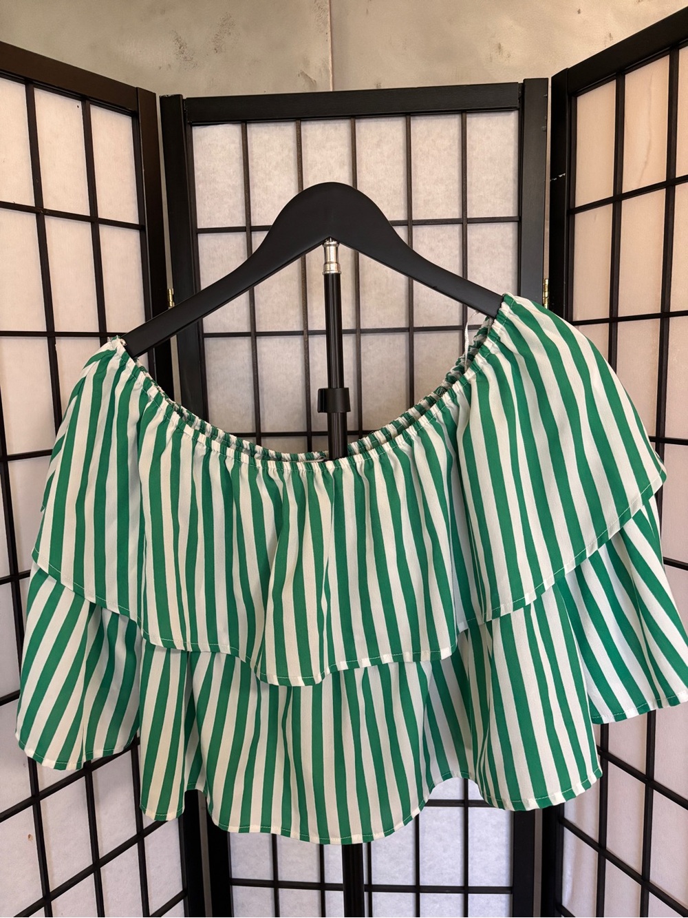 McAlin‎ by Flying Tomato Green White Stripe Off Shoulder Top Large